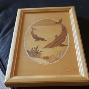 Wooden Dolphin Art in Frame.